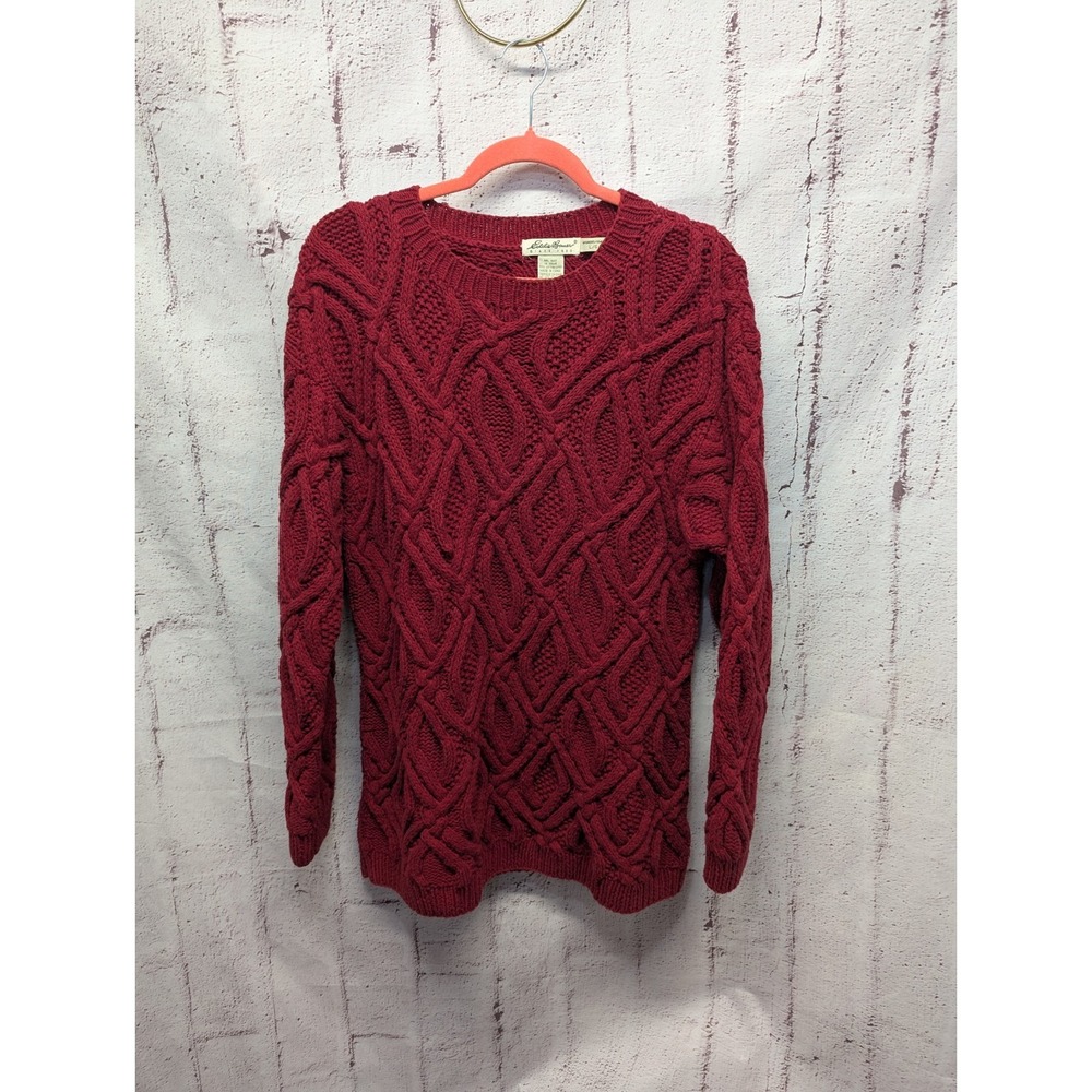 VTG Eddie Bauer Sweater Womens‎ L Large Red Cable Knit Pullover Fisherman 90s